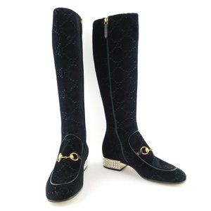 New GUCCI Horse Bit GG Logo Monogram Velvet Crystal Block Heel Boots 37